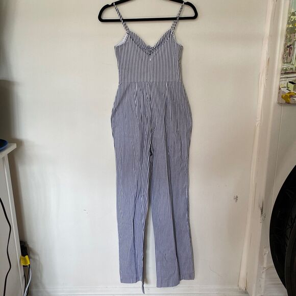 WAYF Massa Front Tie-Knot Pockets Blue White Pin Striped Jumpsuit Romper XS - Picture 7 of 12